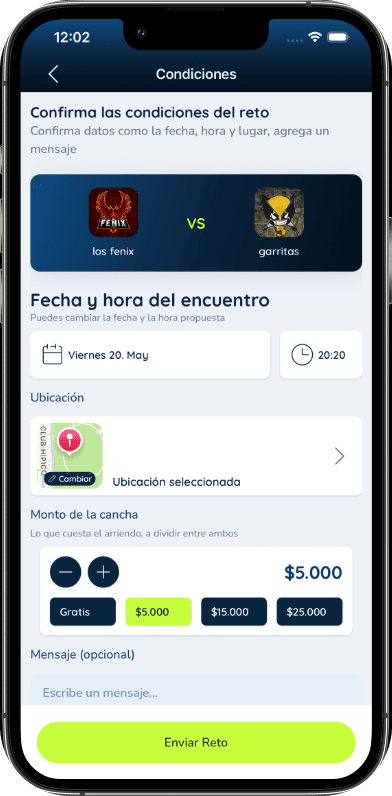 Pantalla de condiciones del reto para confirmar fecha, lugar y monto de la cancha