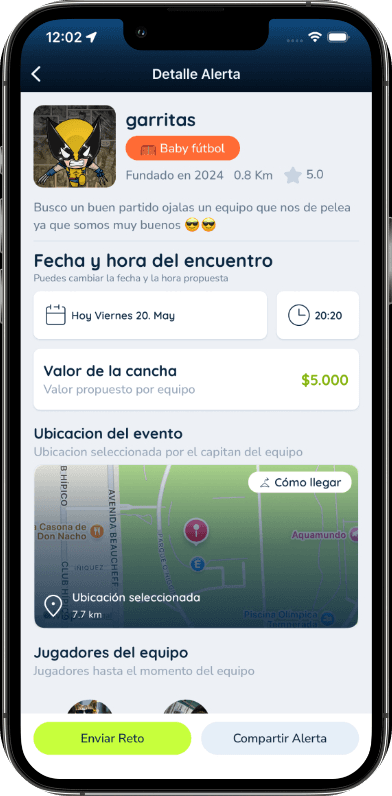 Detalle de una alerta: fecha, valor de la cancha, ubicación en el mapa y jugadores